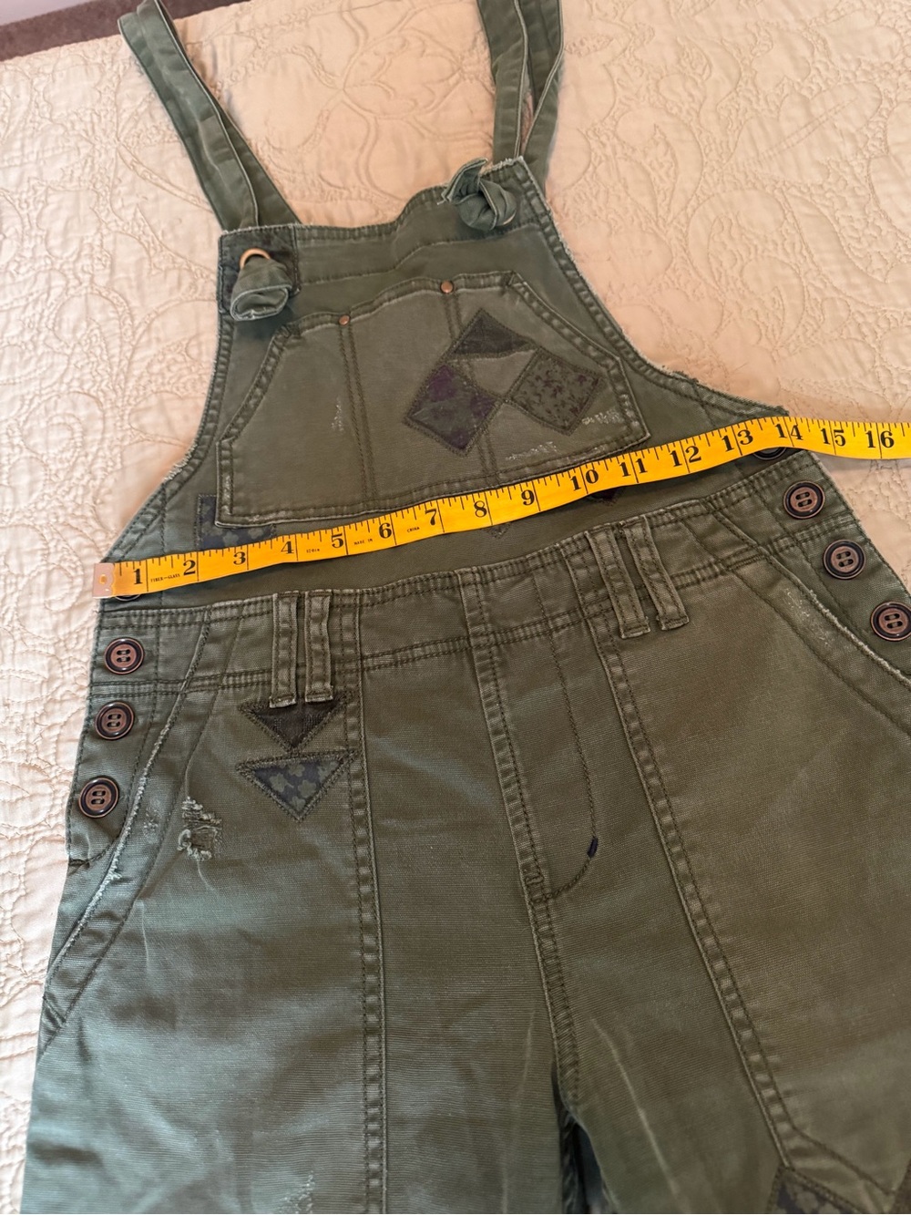 Pilcro Wanderer Patchwork Overalls Green Utility Bib Size 25 Anthropologie Boho - Picture 11 of 16